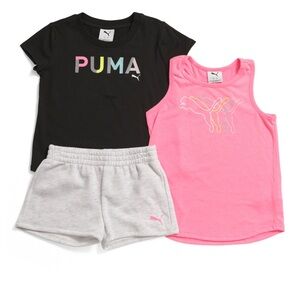 Puma Black Tee, Pink Tank, and Gray Shorts Set